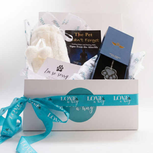 Pet loss gift box with book, hot water bottle and paw print sun catcher