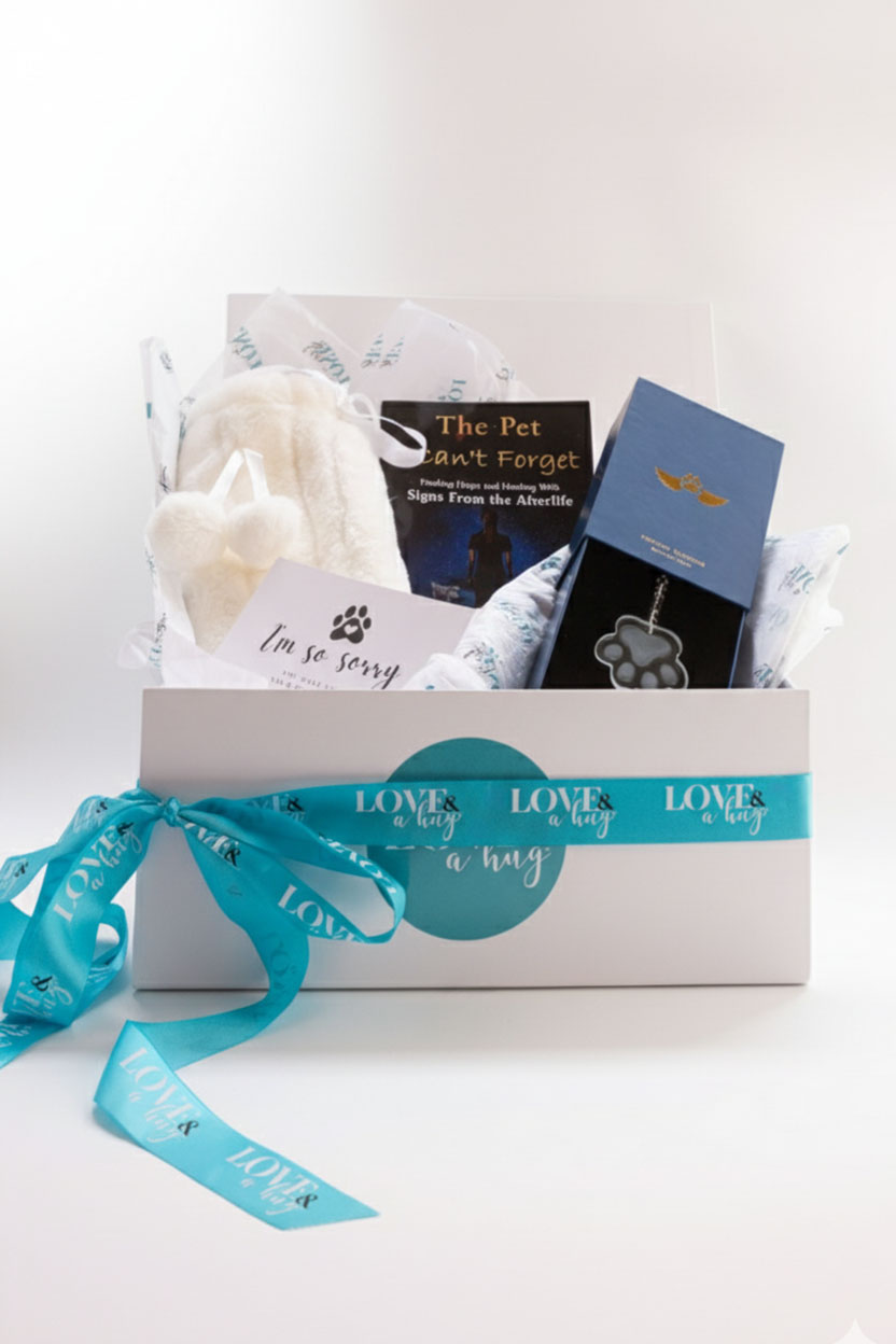 Pet loss gift box with book, hot water bottle and paw print sun catcher